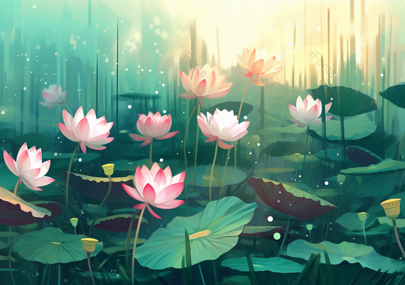 绿色清新微光里盛开的荷花,插画/手绘图,插画/手绘图库,插画/手绘图下载,插画/手绘